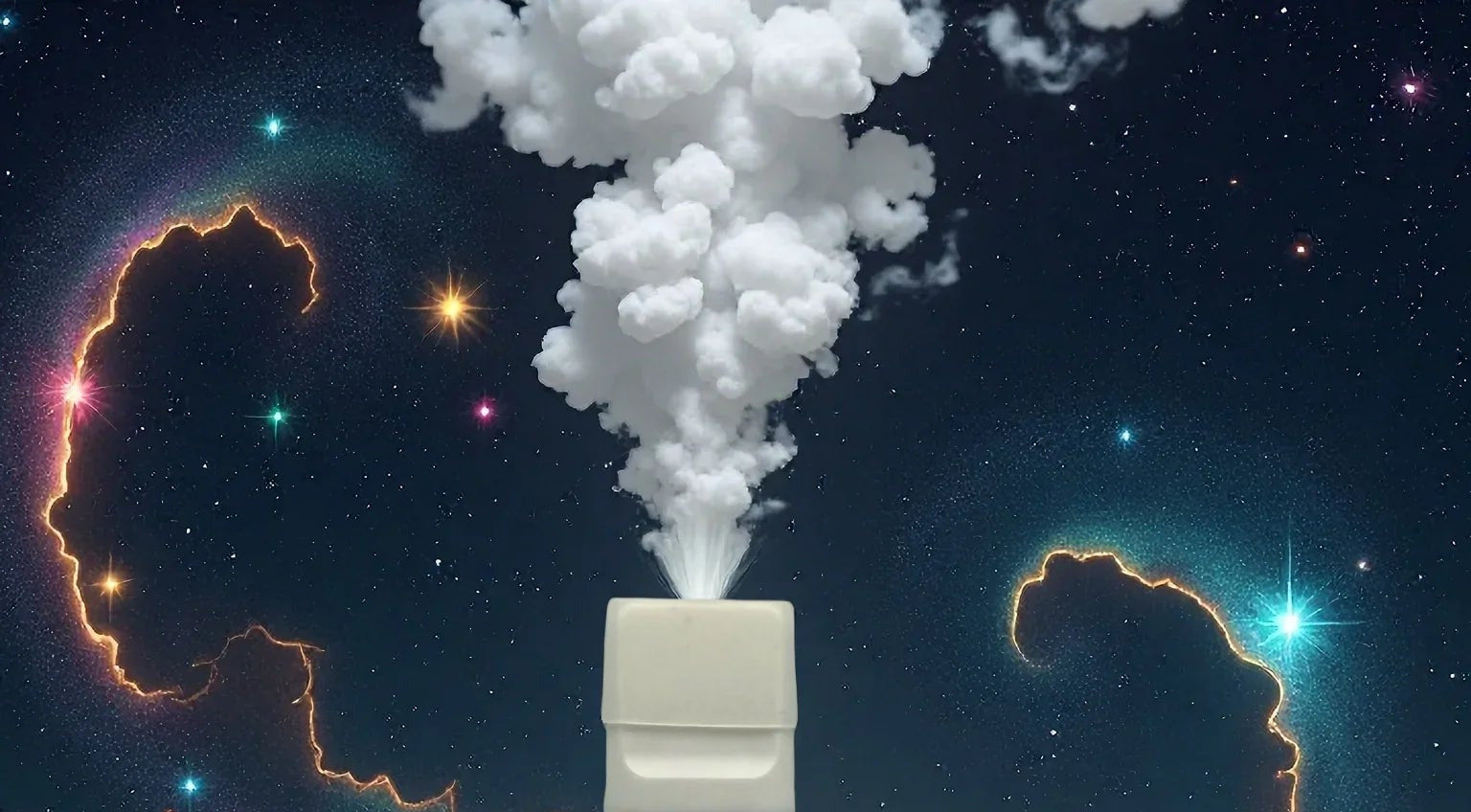 White smoke or vapor emerging from a rectangular device against a cosmic background with stars and nebulae.